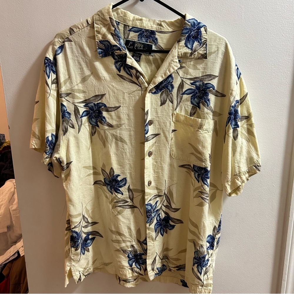 La Cabana Mens Sz L Floral Hawaiian Shirt Rayon Short Sleeve Cream Blue Tropical